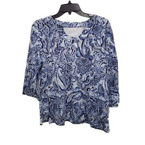 Kim Rogers Petite Blue White Paisley Print 3/4 Sleeve‎ Boho Tee Top Size PXL